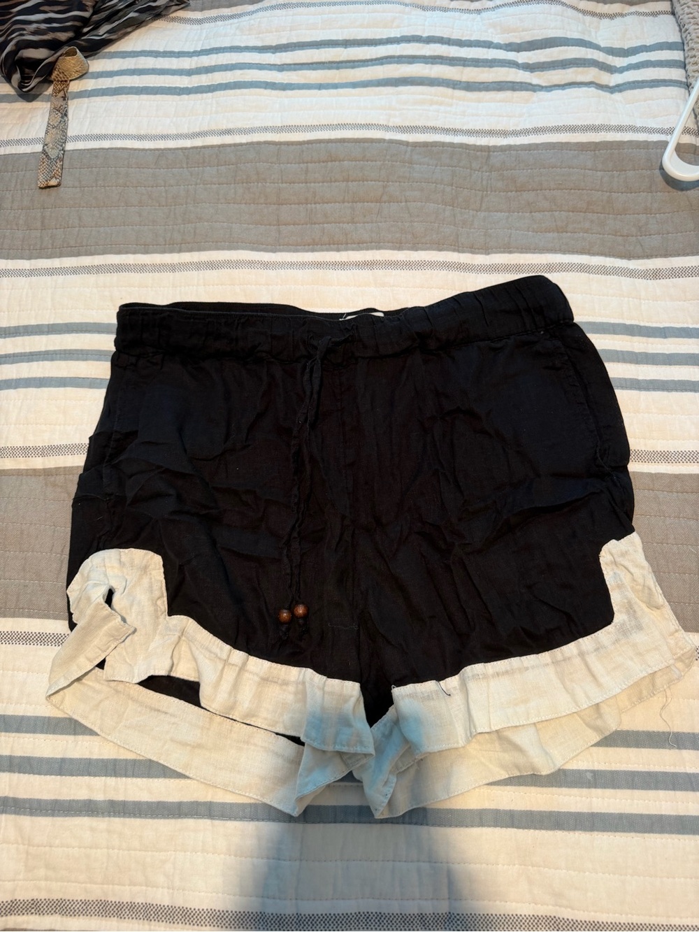 Haute Hippie Black High-Waist Shorts with Cream Ruffle